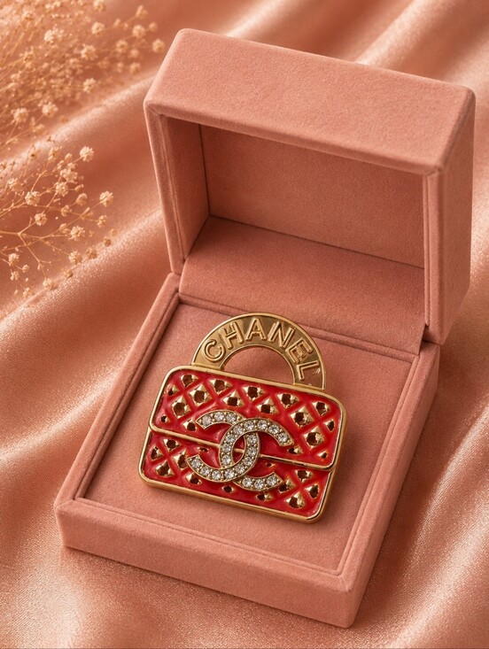 The Unbranded Brand Jewelry - Red Enamel Quilted CC Crystal Brooch with Gold-Tone Trim (Stamped)